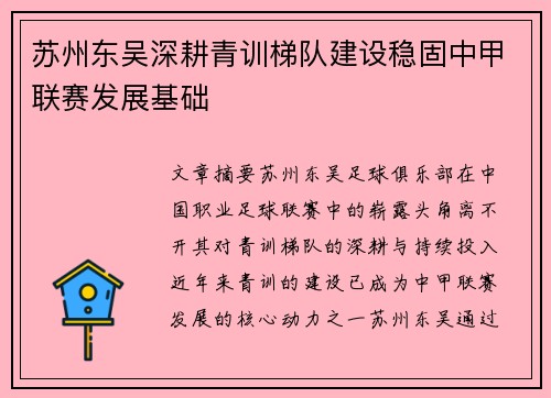 苏州东吴深耕青训梯队建设稳固中甲联赛发展基础